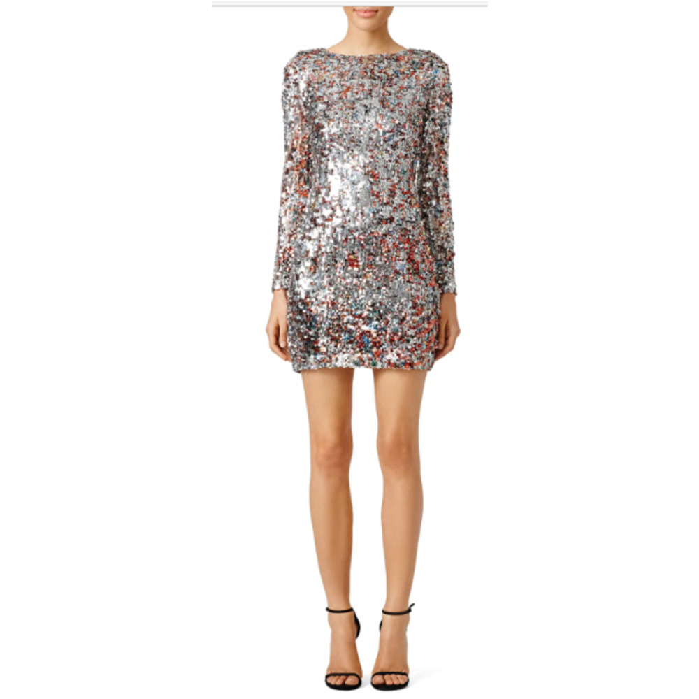 Badgley Mischka Mark & James Medium Mini Sequin Pixie Sheath Dress Long Sleeves